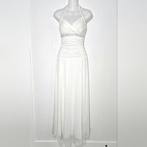 Trixxi Elegant Ivory White Halter Long Maxi Dress With Rhinestone Trim